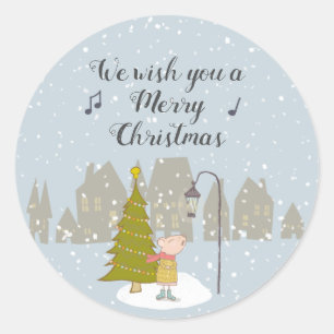 Cute Singing Christmas Mouse Classic Round Sticker