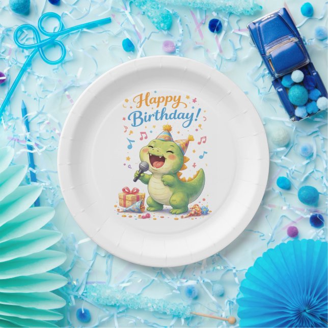 Cute Singing Dinosaur Birthday Paper Plates  (Party)