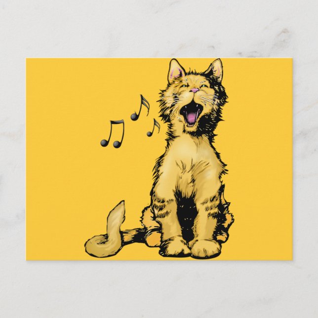 Cute singing orange cat drawing with musical notes postcard (Front)