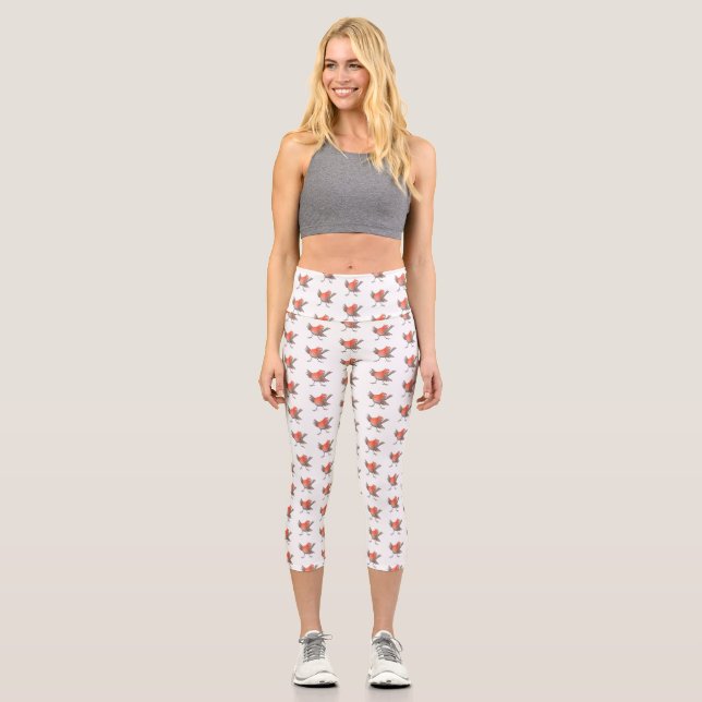 Cute singing robin bird cartoon capri leggings (Front)