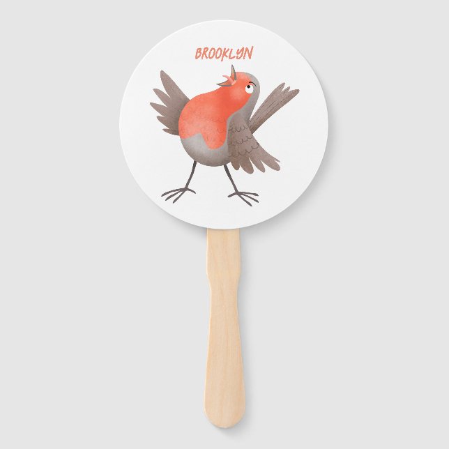 Cute singing robin bird cartoon hand fan (Front)