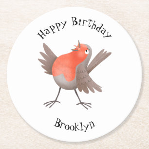Cute singing robin bird cartoon round paper coaster