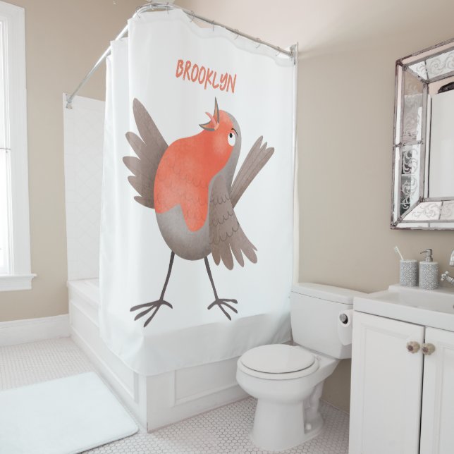 Cute singing robin bird cartoon shower curtain (In Situ)