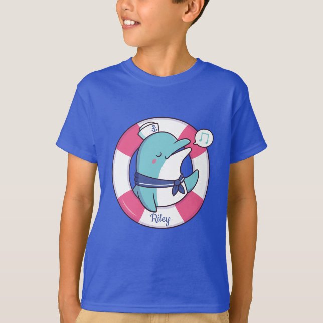 Cute Singing Sailor Dolphin, Personalised Name T-Shirt (Front)