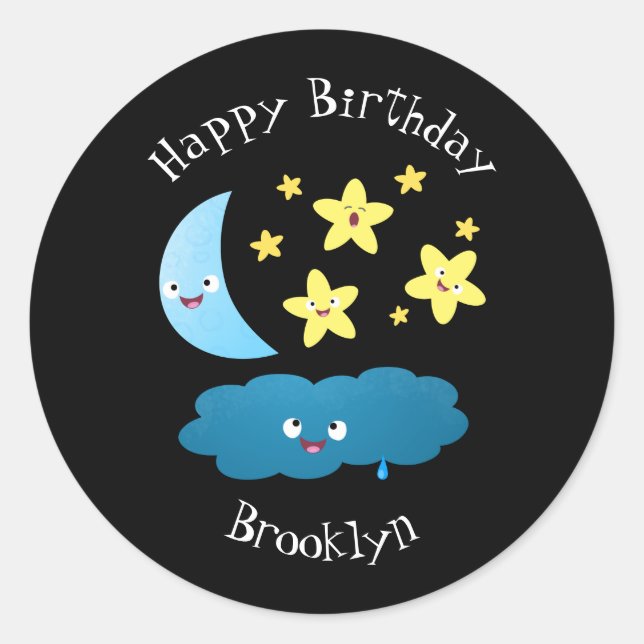 Cute singing stars, moon and cloud cartoon classic round sticker (Front)