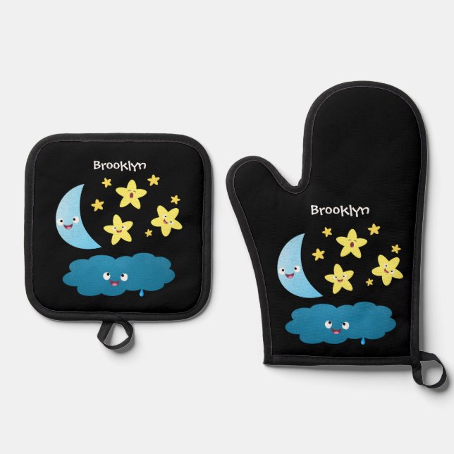 Cute singing stars, moon and cloud cartoon oven mitt & pot holder set (Front)