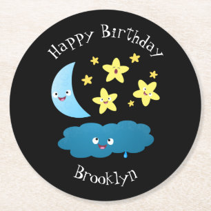 Cute singing stars, moon and cloud cartoon round paper coaster