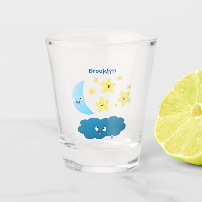 Cute singing stars, moon and cloud cartoon shot glass (Front)