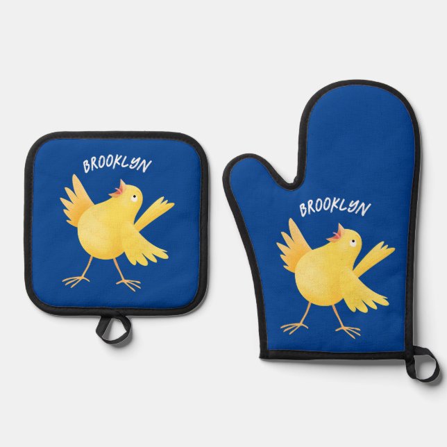 Cute singing yellow canary bird cartoon oven mitt & pot holder set (Front)