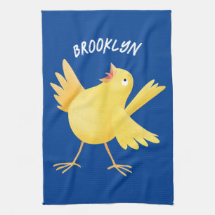 Cute singing yellow canary bird cartoon tea towel