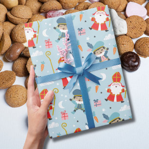 Cute Sinterklaas and Piet Pattern on light blue Wrapping Paper