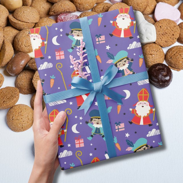 Cute Sinterklaas and Piet Pattern on Purple Wrapping Paper (Creator Uploaded)