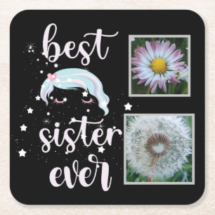 Cute Sister Photo Template Square Paper Coaster