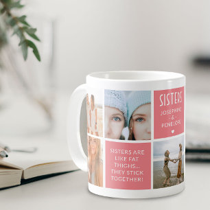 Cute Sisters Photo Collage & Quote Block Pink Coffee Mug