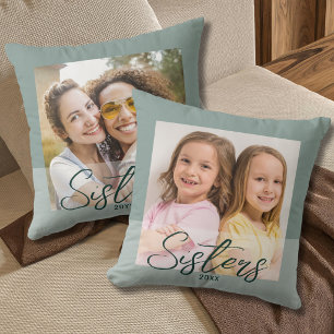 Cute Sisters Then And Now 2 Photo Sage Green Cushion