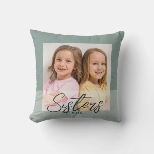 Cute Sisters Then And Now 2 Photo Sage Green Cushion