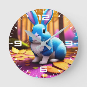 Cute Sitting Blue Bunny Portrait Round Clock