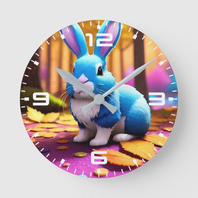 Cute Sitting Blue Bunny Portrait  Round Clock (Front)