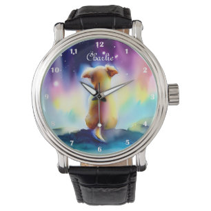 Cute Sitting Dog Stars Nebula Watercolor Custom  Watch