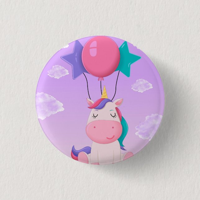 Cute Sitting Unicorn and Balloons Lilac 3 Cm Round Badge (Front)