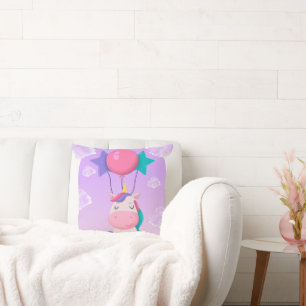 Cute Sitting Unicorn and Balloons Lilac Cushion