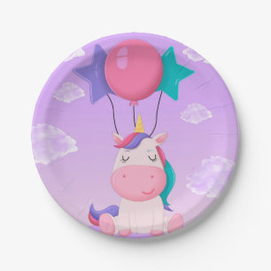 Cute Sitting Unicorn and Balloons Lilac Paper Plate