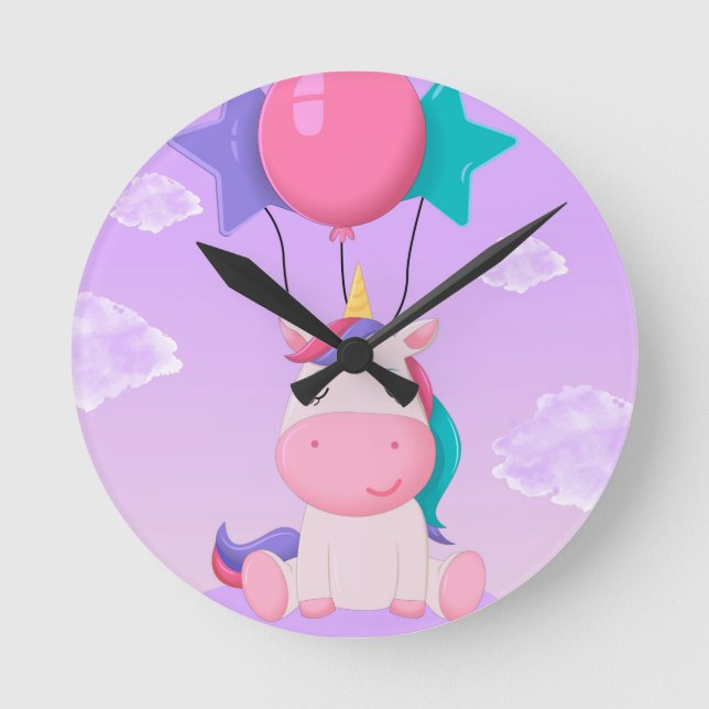 Cute Sitting Unicorn and Balloons Lilac Round Clock (Front)