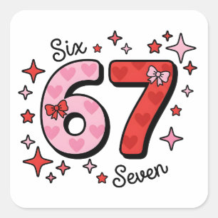 Cute Six Seven Meme – Pink & Red 6 7 with Hearts Square Sticker