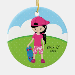 Cute Skateboard Girl Personalised Christmas Ceramic Tree Decoration