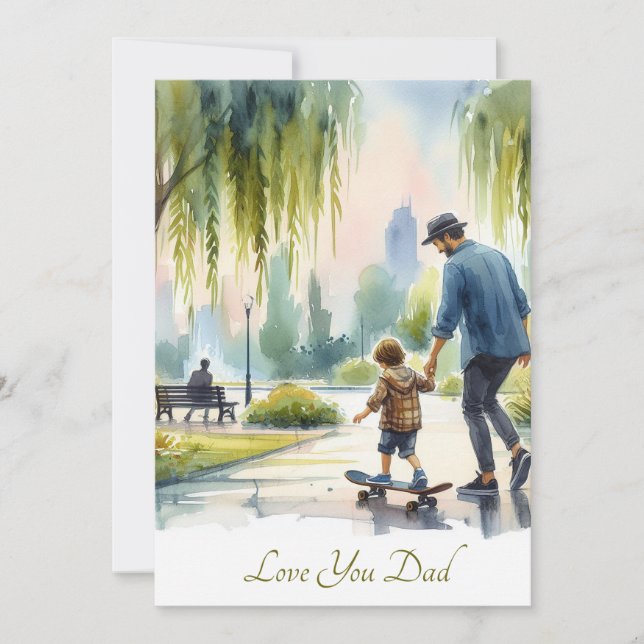 Cute Skateboard Lessons with Dad Watercolor  Holiday Card (Front)