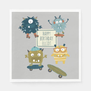 Cute Skateboard Monsters Personalised Birthday  Napkin
