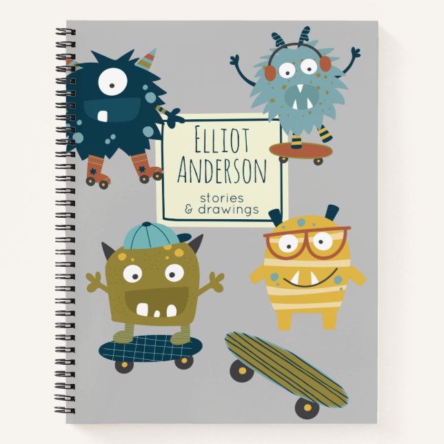 Cute Skateboard Monsters Personalised Story Notebook (Front)