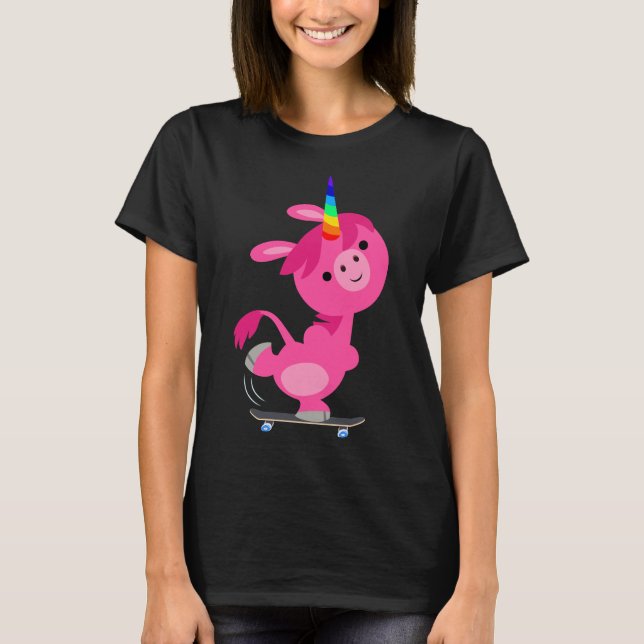 Cute Skateboarding Cartoon Unicorn Women T-Shirt (Front)