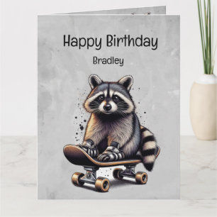 Cute Skateboarding Racoon Fun Animal Birthday Card
