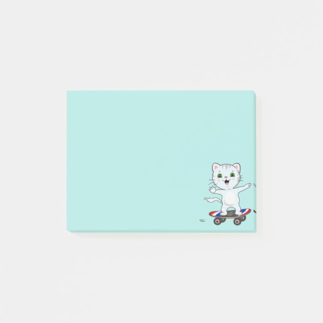 Cute Skater Cat on Light Teal Blue Notes (Front)