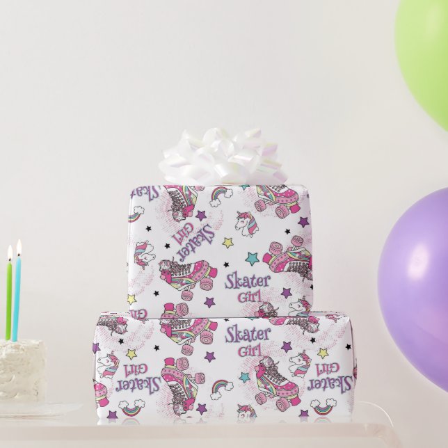 Cute Skater Girl Unicorn Roller Skate Pattern Wrapping Paper (Party Gifts)