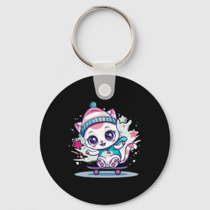 Cute Skating Cat I Skateboard For Men Women Kids Key Ring