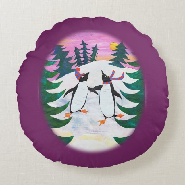 Cute Skating Penguins Snow-scene Fun Round Pillow (Front)