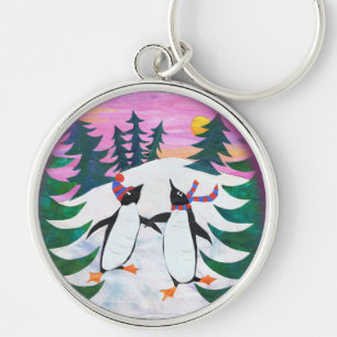 Cute Skating Penguins Snow-scene Round Keychain