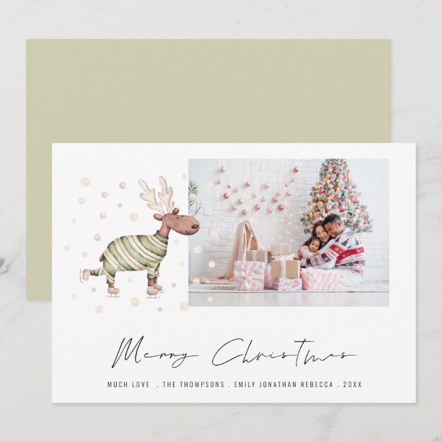 Cute Skating Reindeer Photo Merry Christmas Holiday Card (Front/Back)