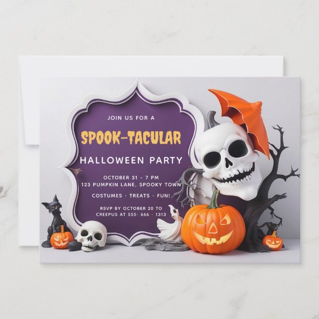 Cute Skeleton and Pumpkins Halloween Party Invitation (Front)