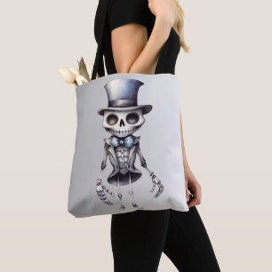 Cute Skeleton Bow Tie Top Hat Silver Halloween Tote Bag