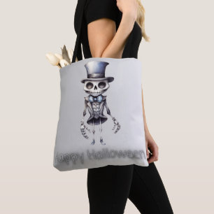 Cute Skeleton Bow Tie Top Hat Silver Halloween Tote Bag
