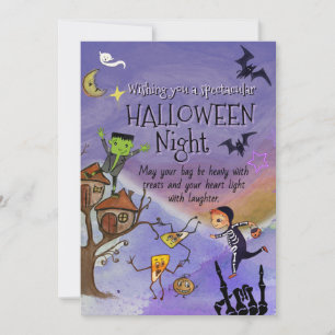Cute Skeleton Boy & Frankenstein Whimsy Halloween  Holiday Card