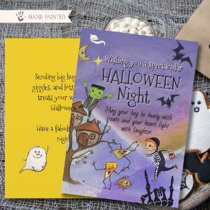 Cute Skeleton Boy & Frankenstein Whimsy Halloween Holiday Card