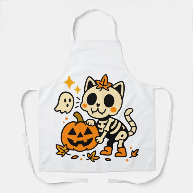 Cute Skeleton Cat All-Over Print Apron, Medium Apron (Front)