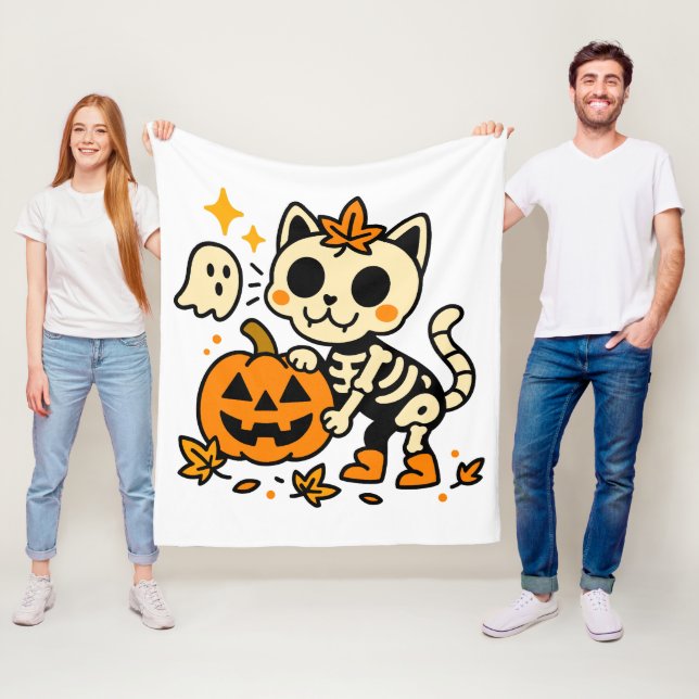 Cute Skeleton Cat with Pumpkin Fleece Blanket (In Situ)