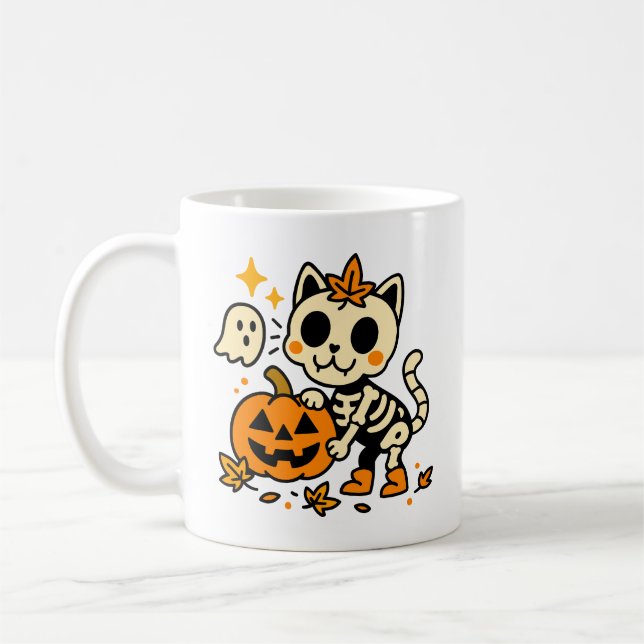 Cute Skeleton Cat with Pumpkin Mug (Left)