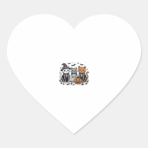 Cute Skeleton Cats Halloween Vintage Engraving Shi Heart Sticker