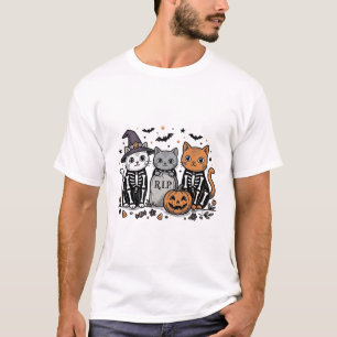 Cute Skeleton Cats Halloween Vintage Engraving Shi T-Shirt